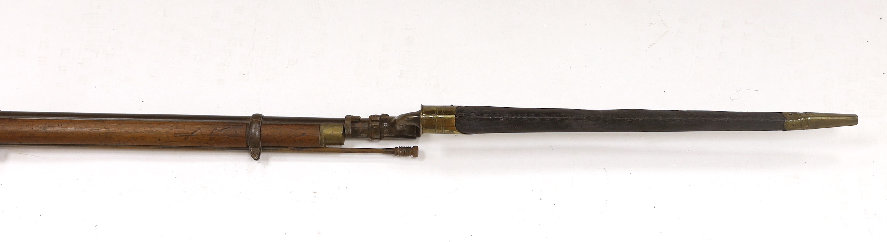 A .577 inch three band Enfield Military percussion rifle, lock stamped Tower 1868 with crown entail